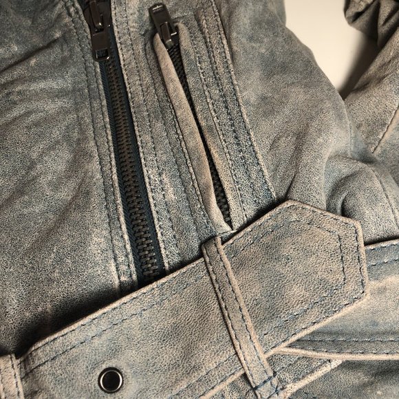 GESTUZ Leather Trompe L’Oeil Denim-look Biker Jacket Ombré Teal Y2K Slim Fit - Picture 5 of 6